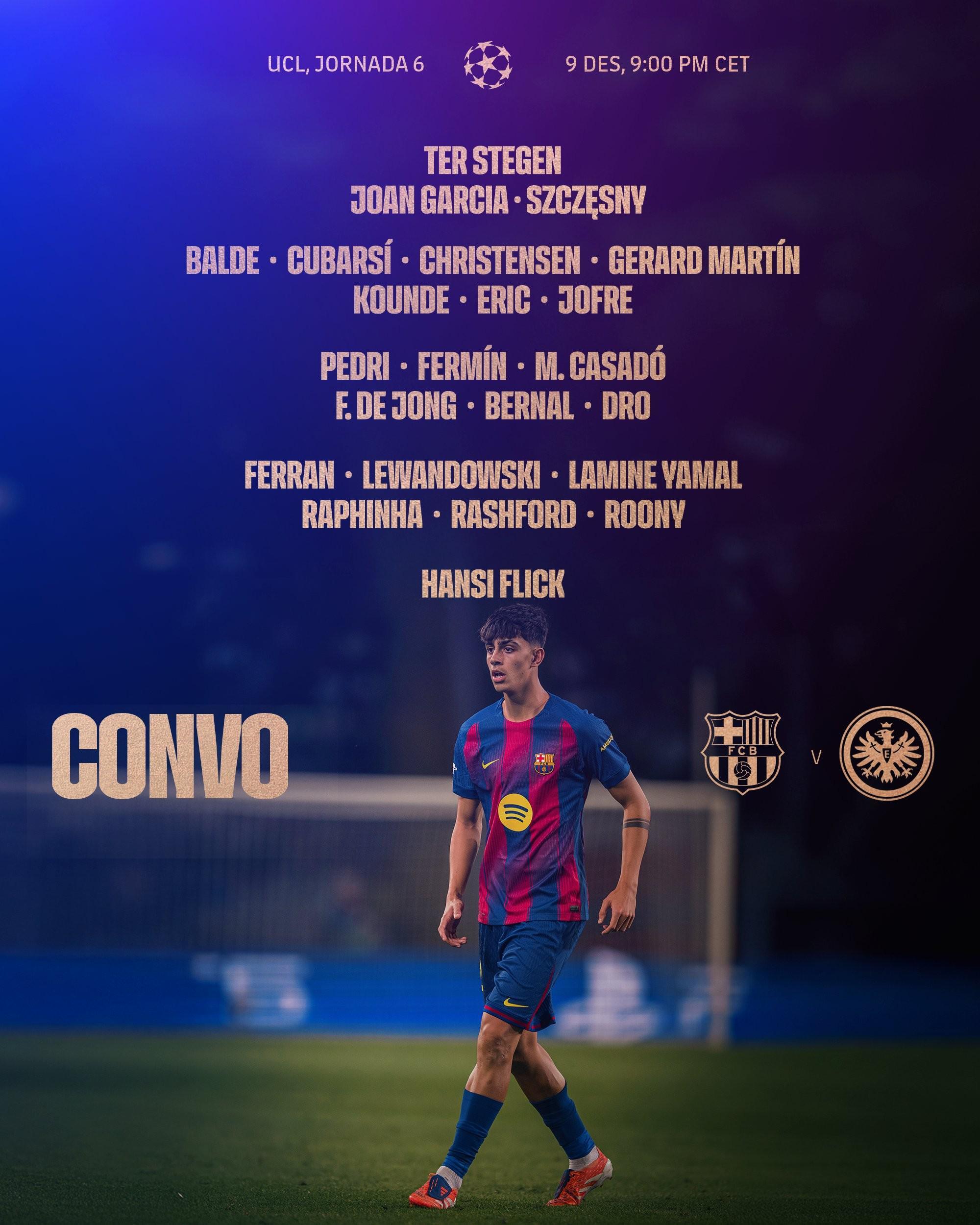 巴萨欧冠大名单:特狮回归,莱万、亚马尔、拉菲尼亚领衔锋线