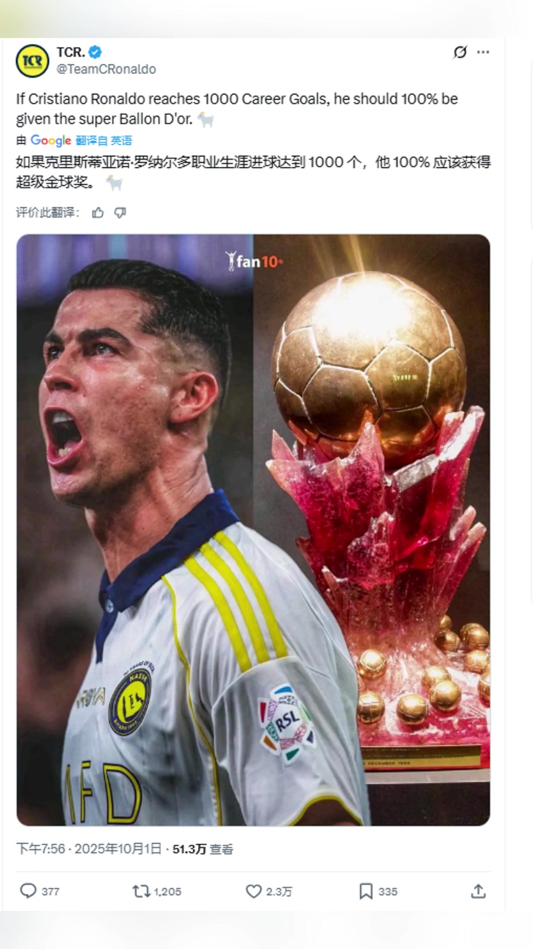 C罗粉丝博主如果C罗进球达到1千他应该获得超级金球奖